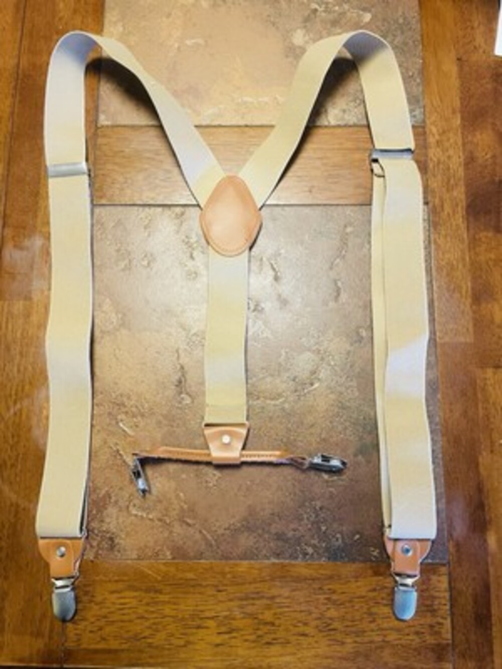 Men’s Suspenders Khaki Tan Stretch Gold Clip On Style Adjustable